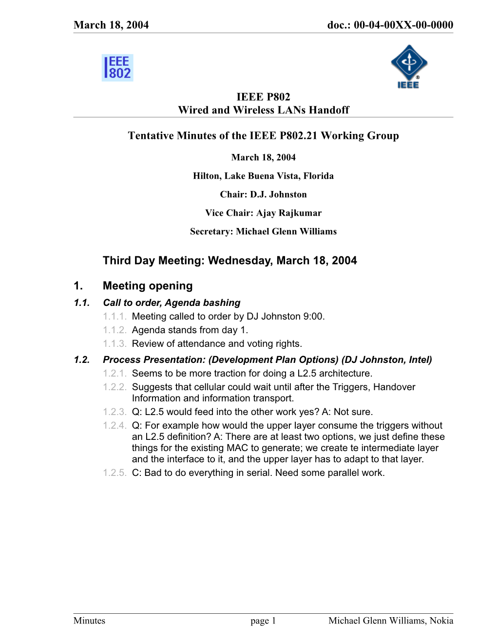Tentative Minutes of the IEEE P802.21 Working Group