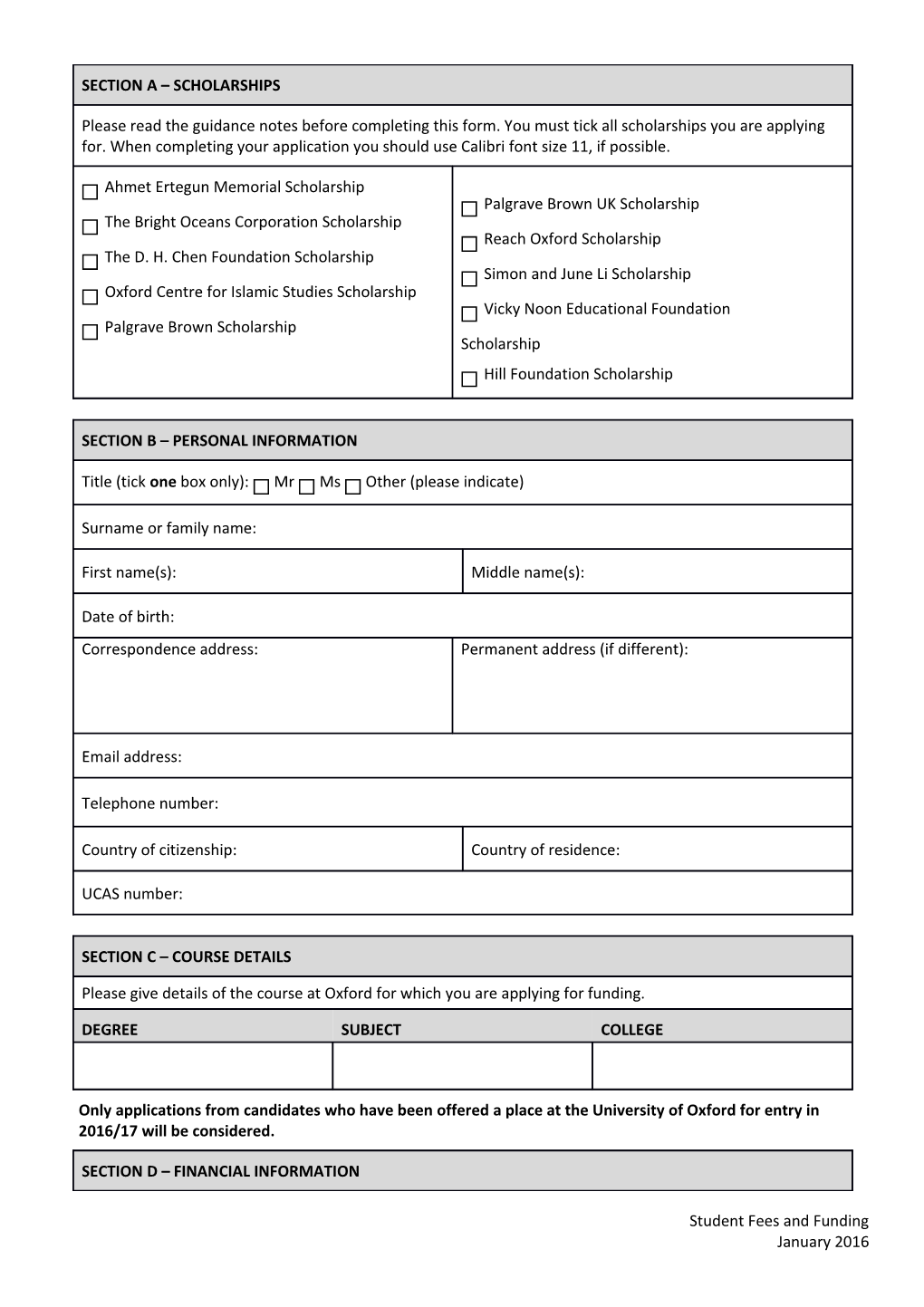 Oxford Bursaries Application Form