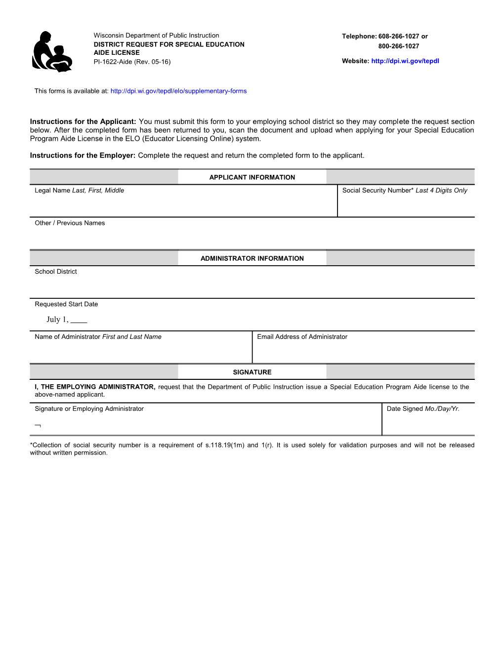 PI-1622-Aide District Request for Special Education Aide License