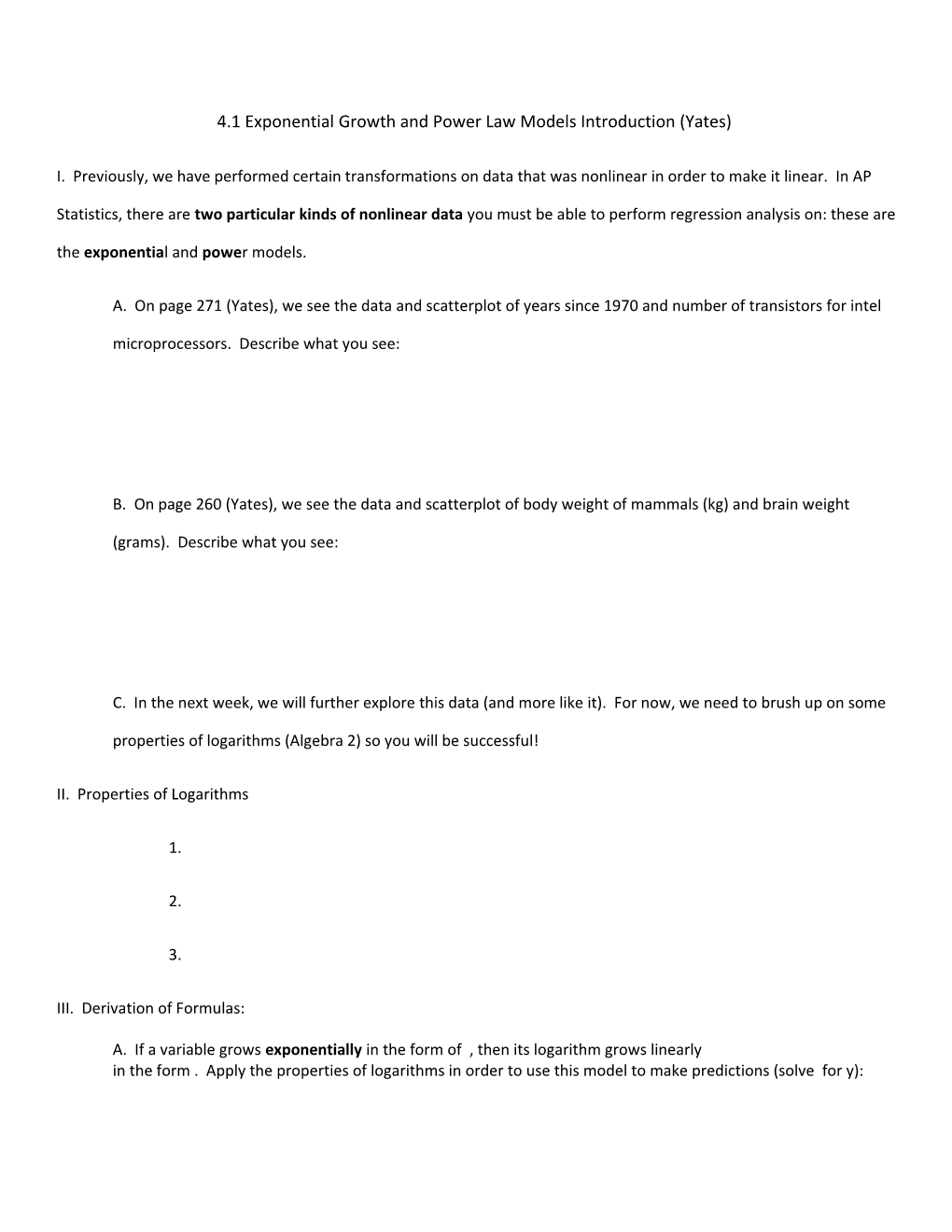 4.1 Exponential Growth and Power Law Models Introduction (Yates)