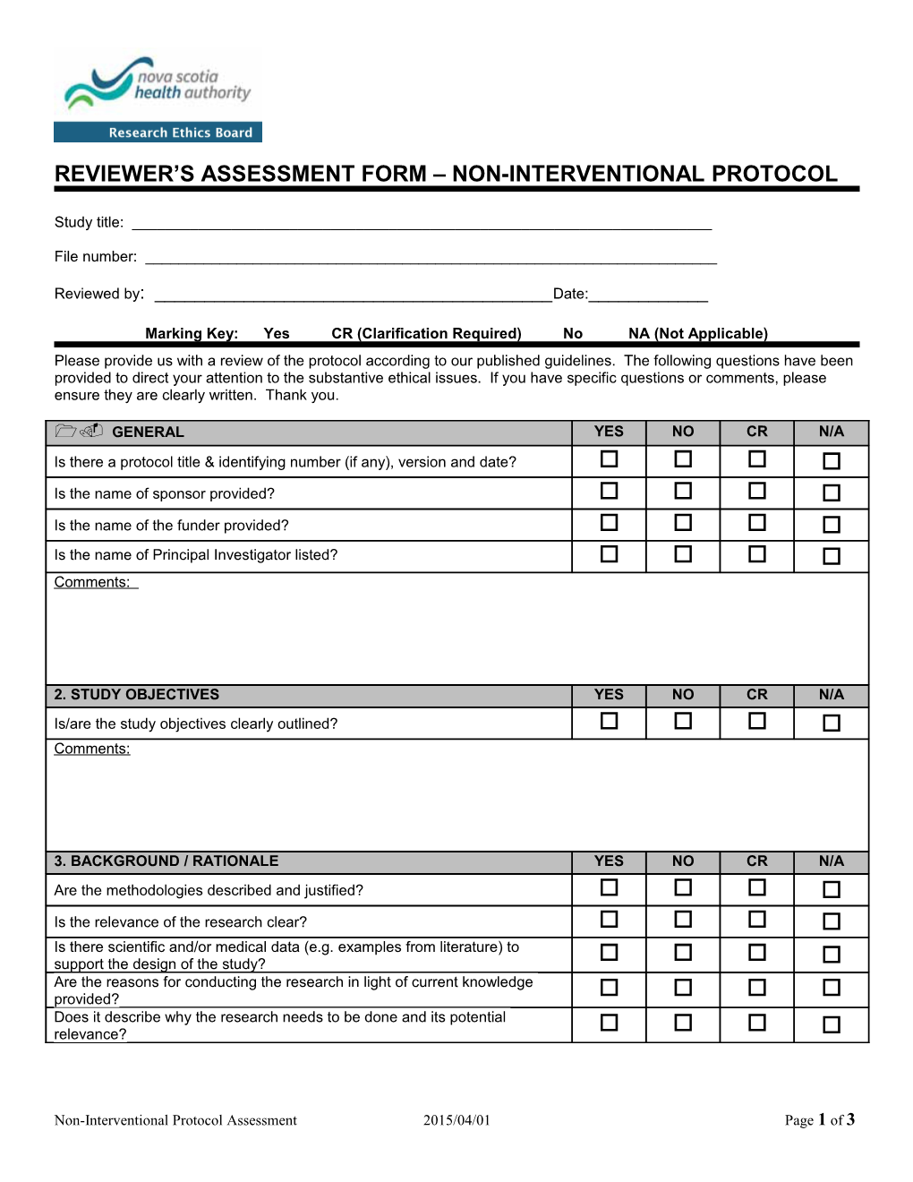 Research Ethics Reviewer's Assessment Form - Protocol