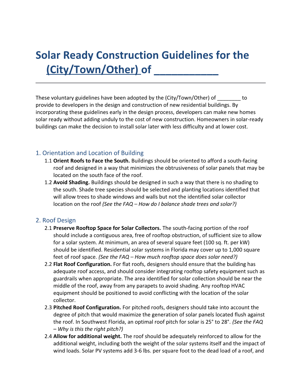 Solar Ready Construction Guidelines for the (City/Town/Other) of ______