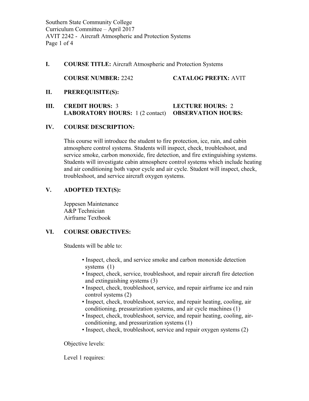 AVIT 2242 - Aircraft Atmospheric and Protection Systems