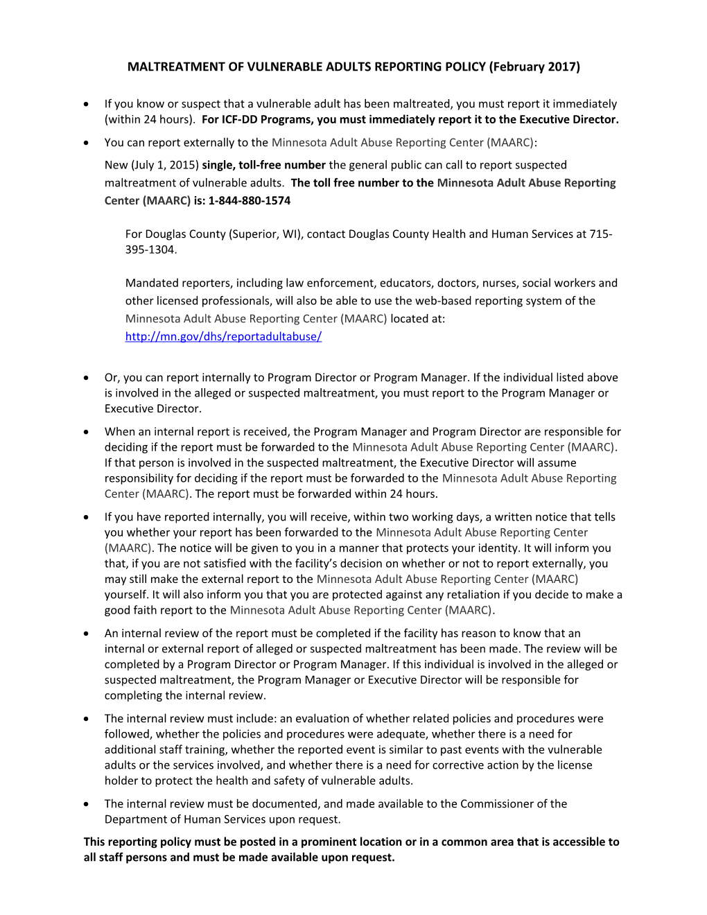 MALTREATMENT of VULNERABLE ADULTS REPORTING POLICY (February 2017)