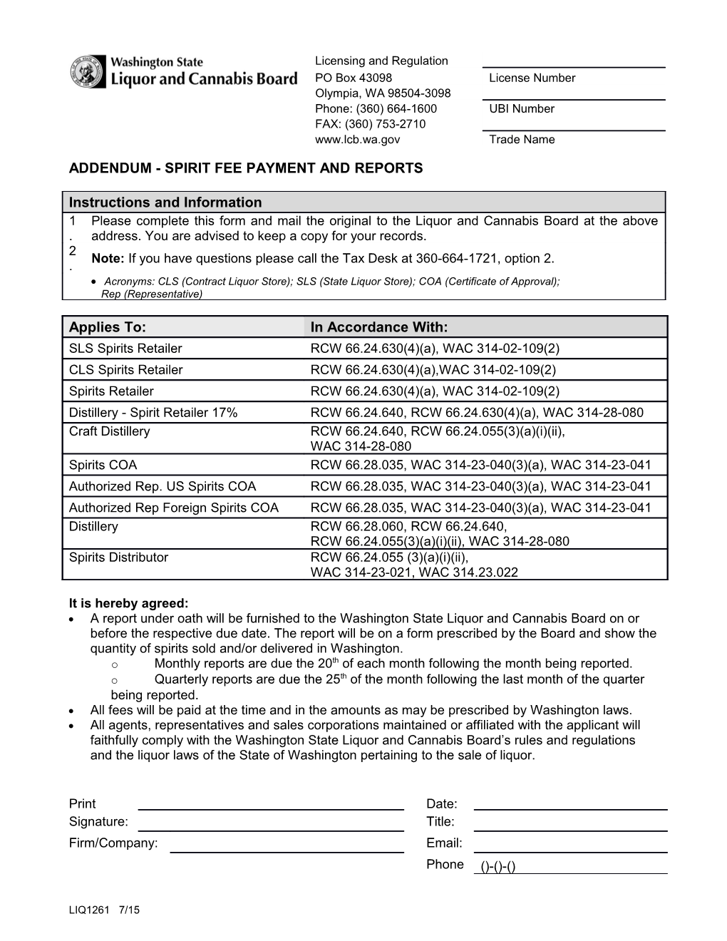 Addendum-Spirit Fee Payment and Reports