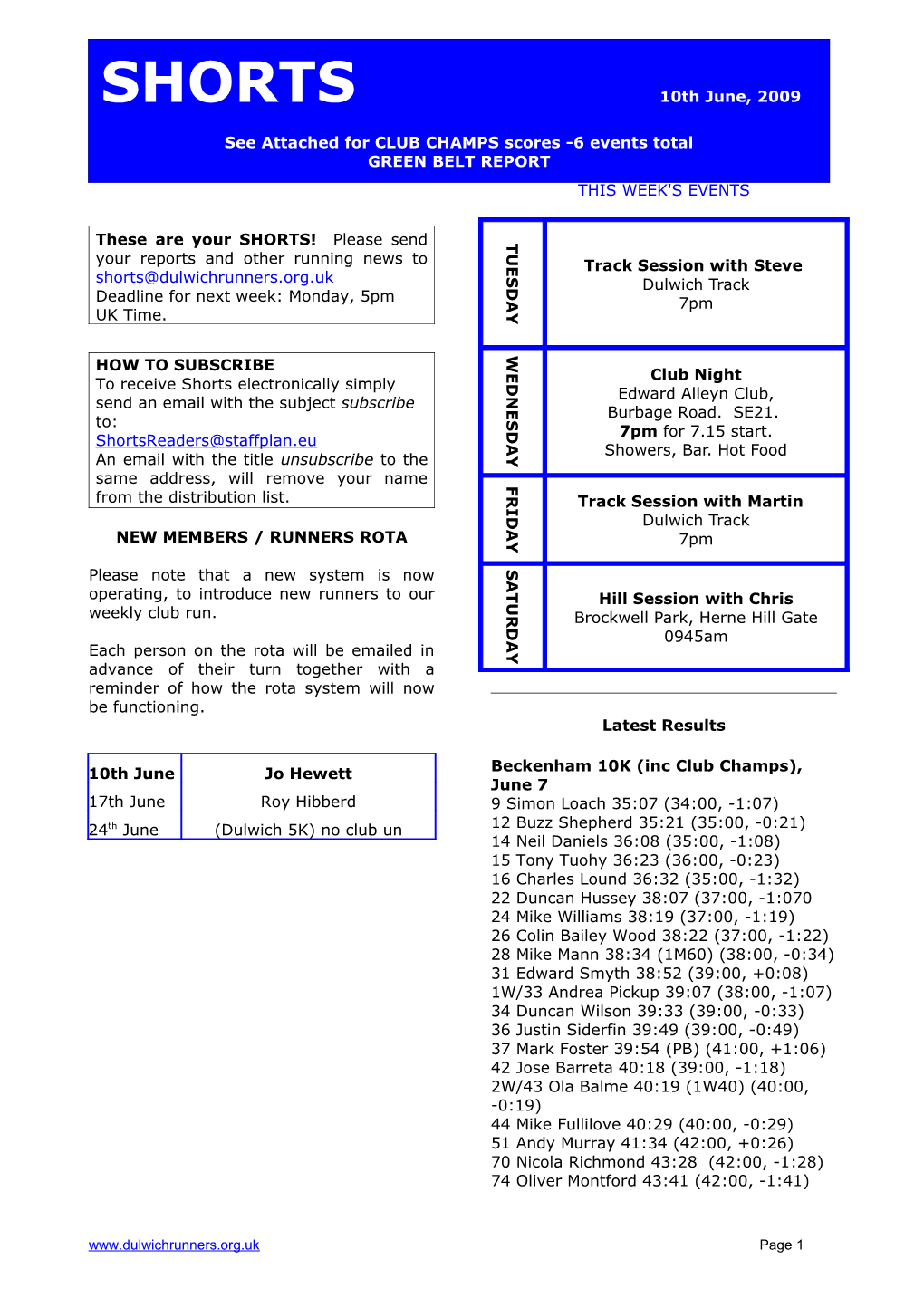 SHORTS - This Is the Weekly Newsletter of Dulwich Runners AC