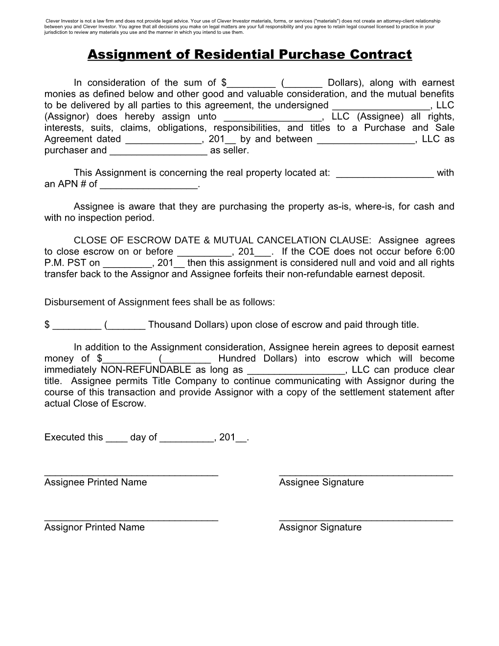 Assignment of Residential Purchase Contract