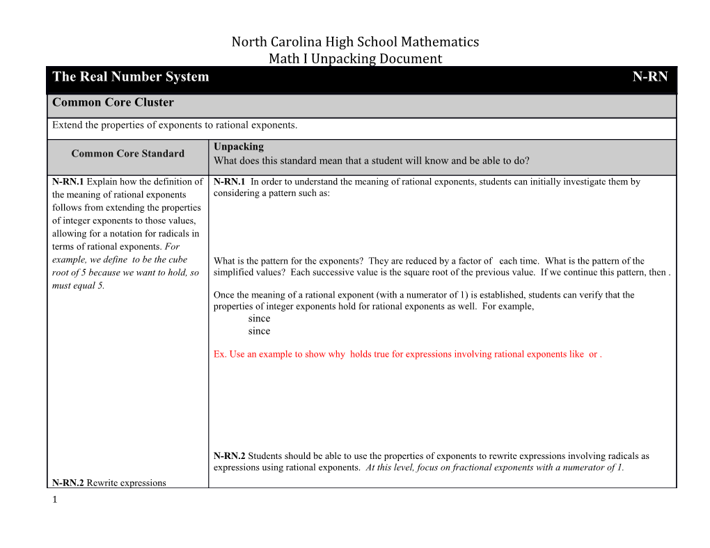 Math I Unpacking Document