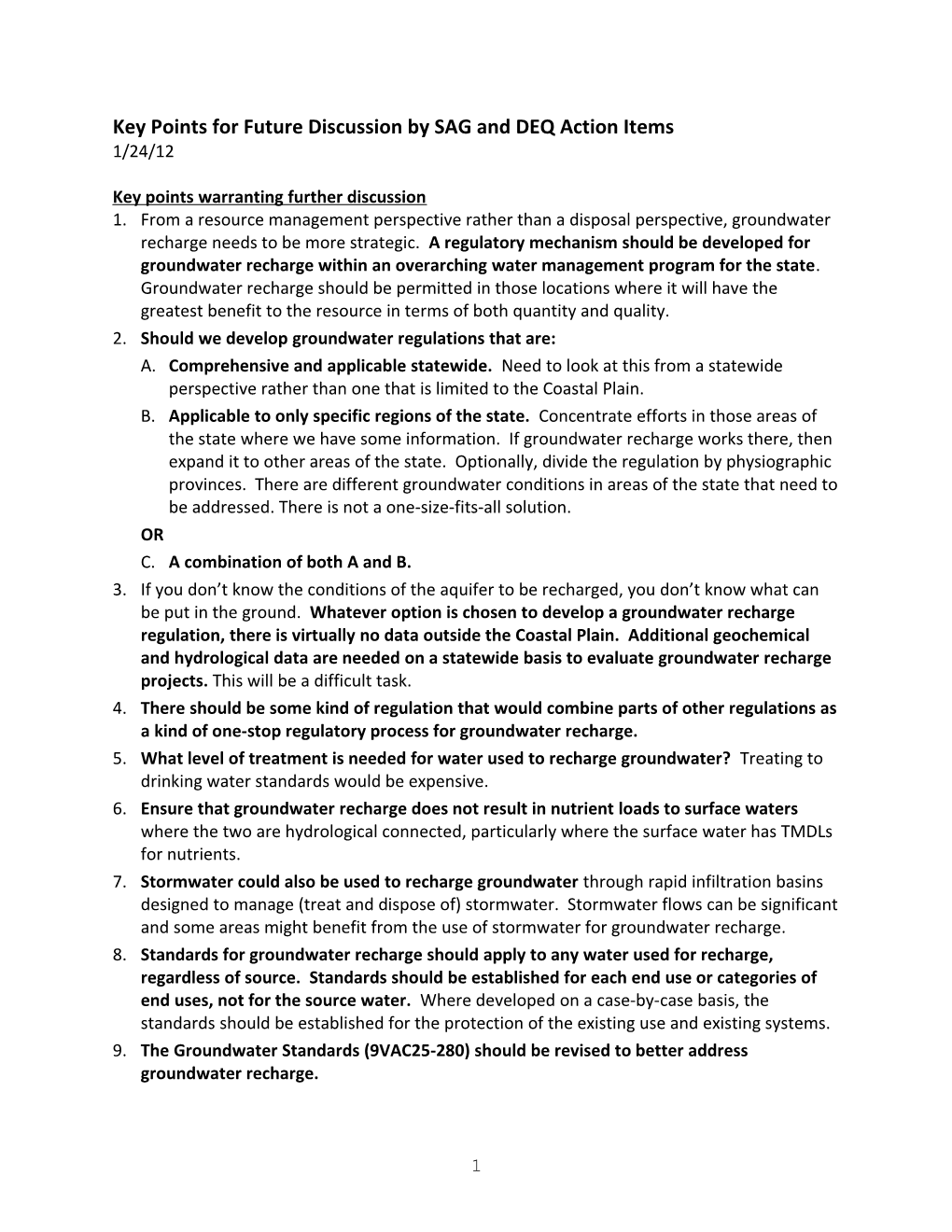 Major Points and Action Items from SAG Notes of 12/1/11 Meeting