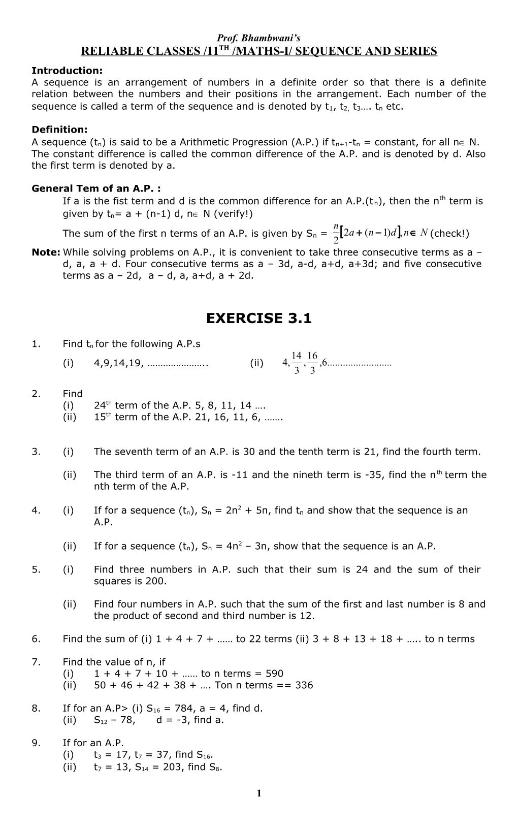 Reliable Classes /11Th /Maths-I/ Sequence and Series