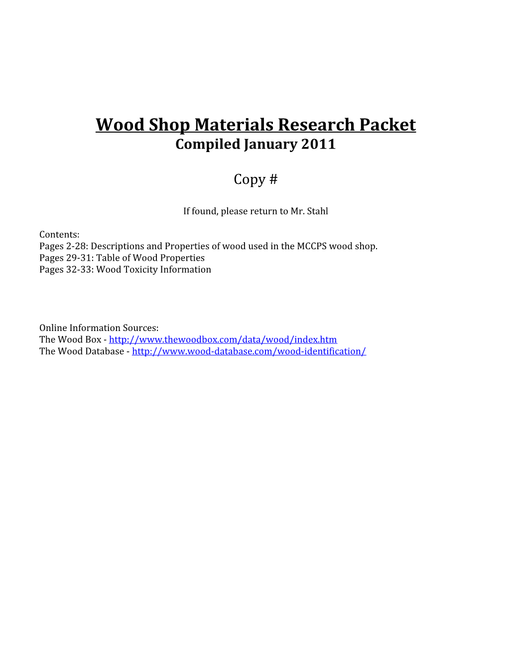 Wood Shop Materials Research Packet