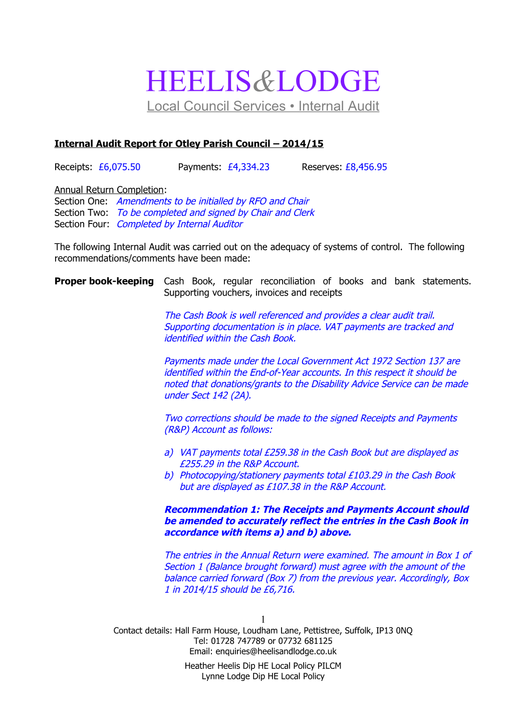 Internal Audit Report for Otley Parish Council 2014/15