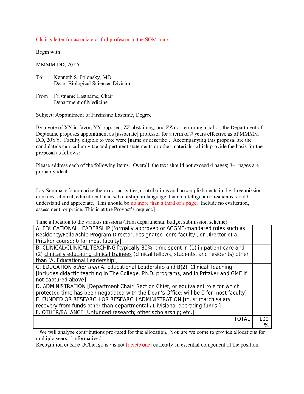 Chair S Letter for Associate Or Full Professor in the SOM Track