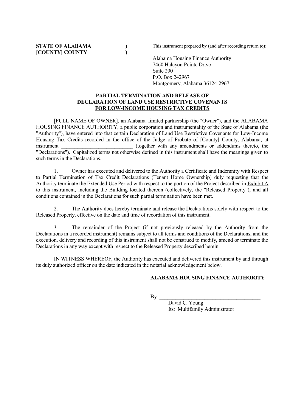 AHFA Specimen Partial Release of LURA for Tenant Ownership (01657959;1)