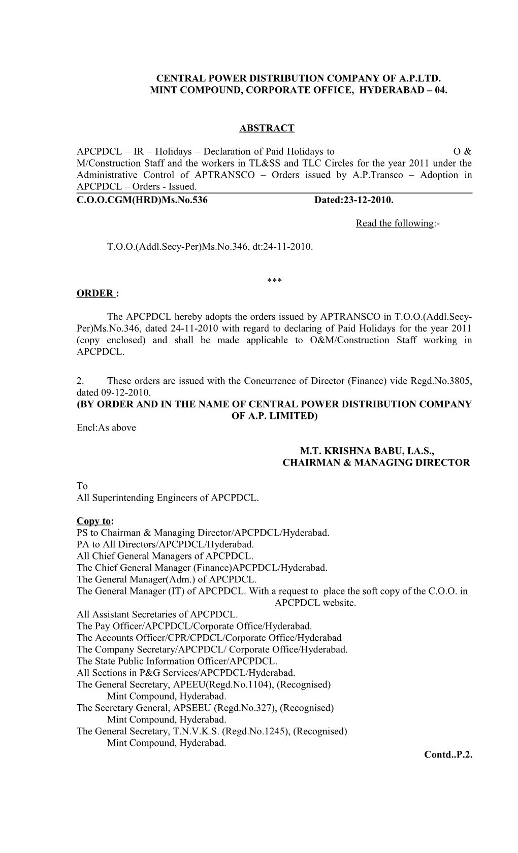 C.O.O.CGM(HRD)Ms.No.536 Dated:23-12-2010