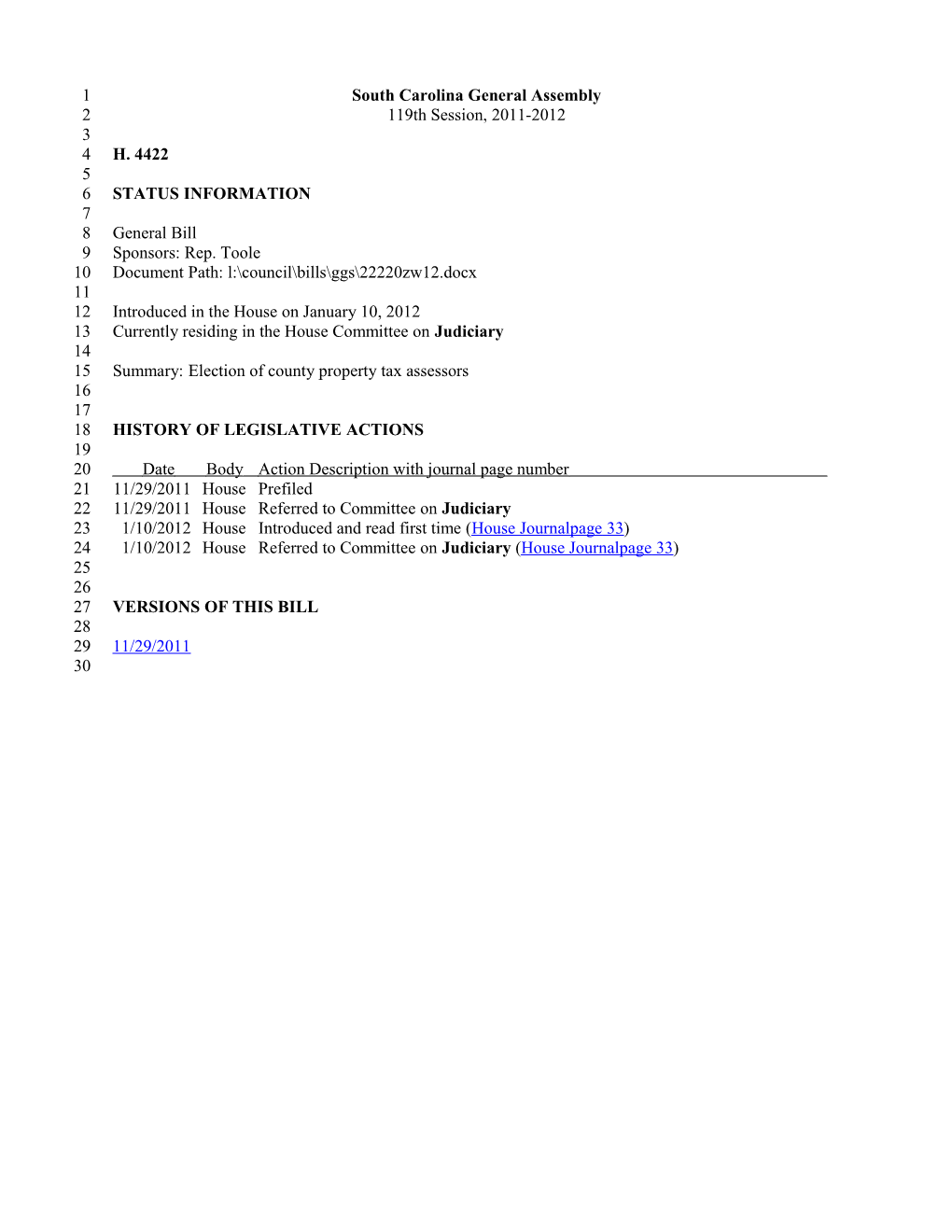 2011-2012 Bill 4422: Election of County Property Tax Assessors - South Carolina Legislature
