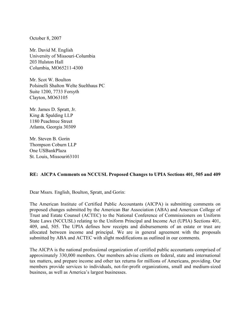 AICPA Comments To NCCUSL On Proposed Changes To UPIA Section 401, 409, And 505 - Oct. 3, 2007