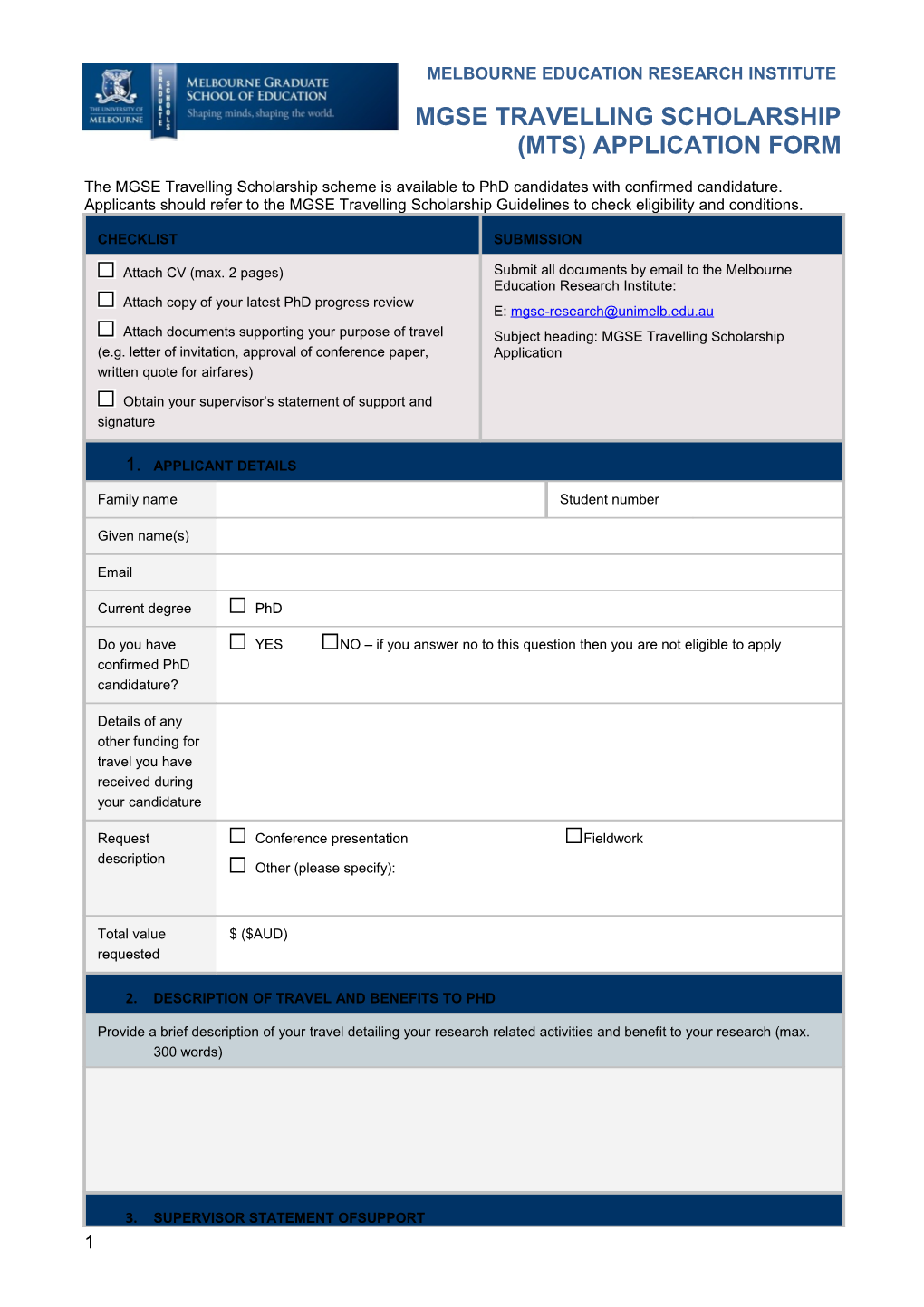 Mgse Travelling Scholarship (Mts) Application Form