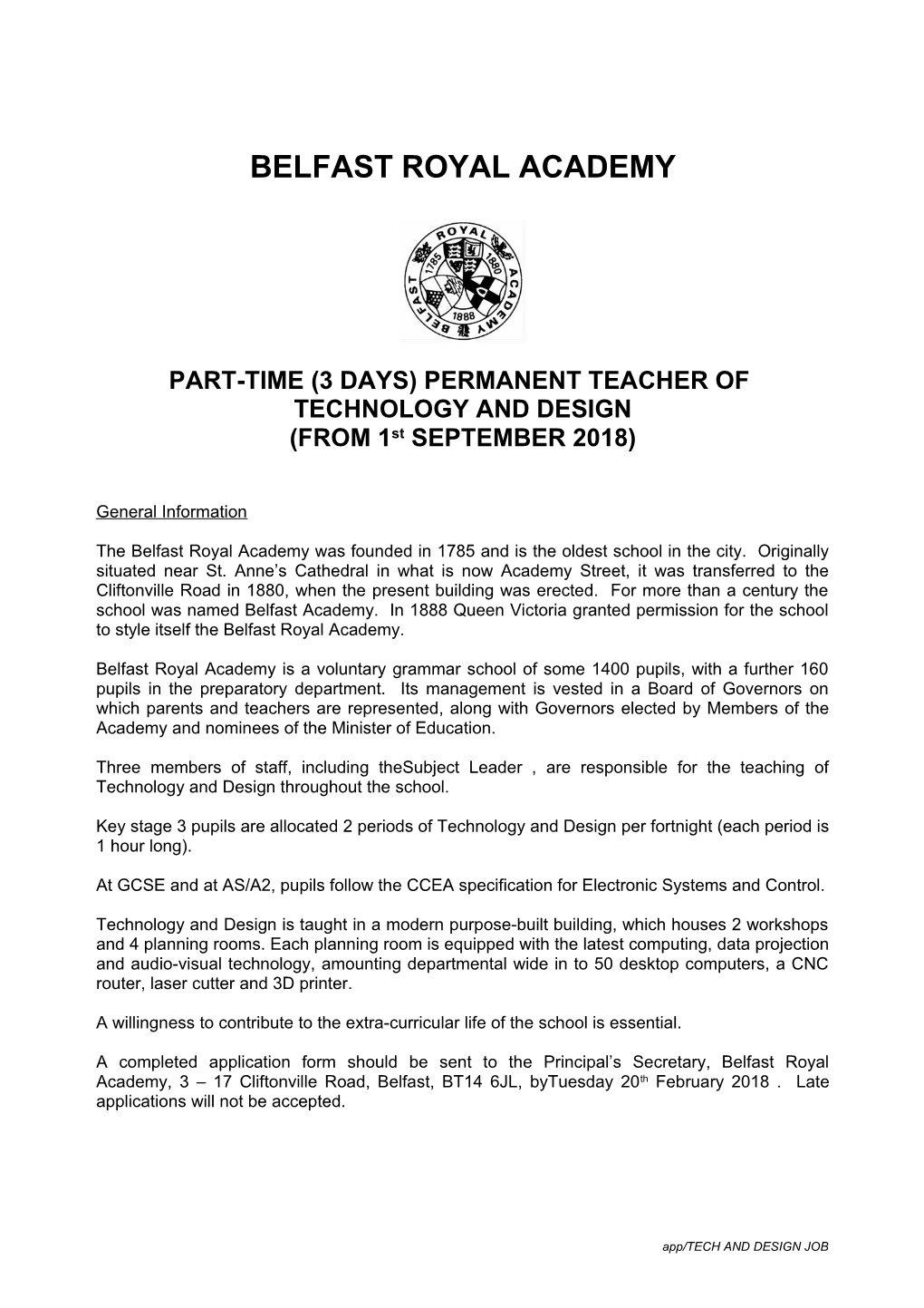 Part-Time (3 Days) Permanent Teacher Of