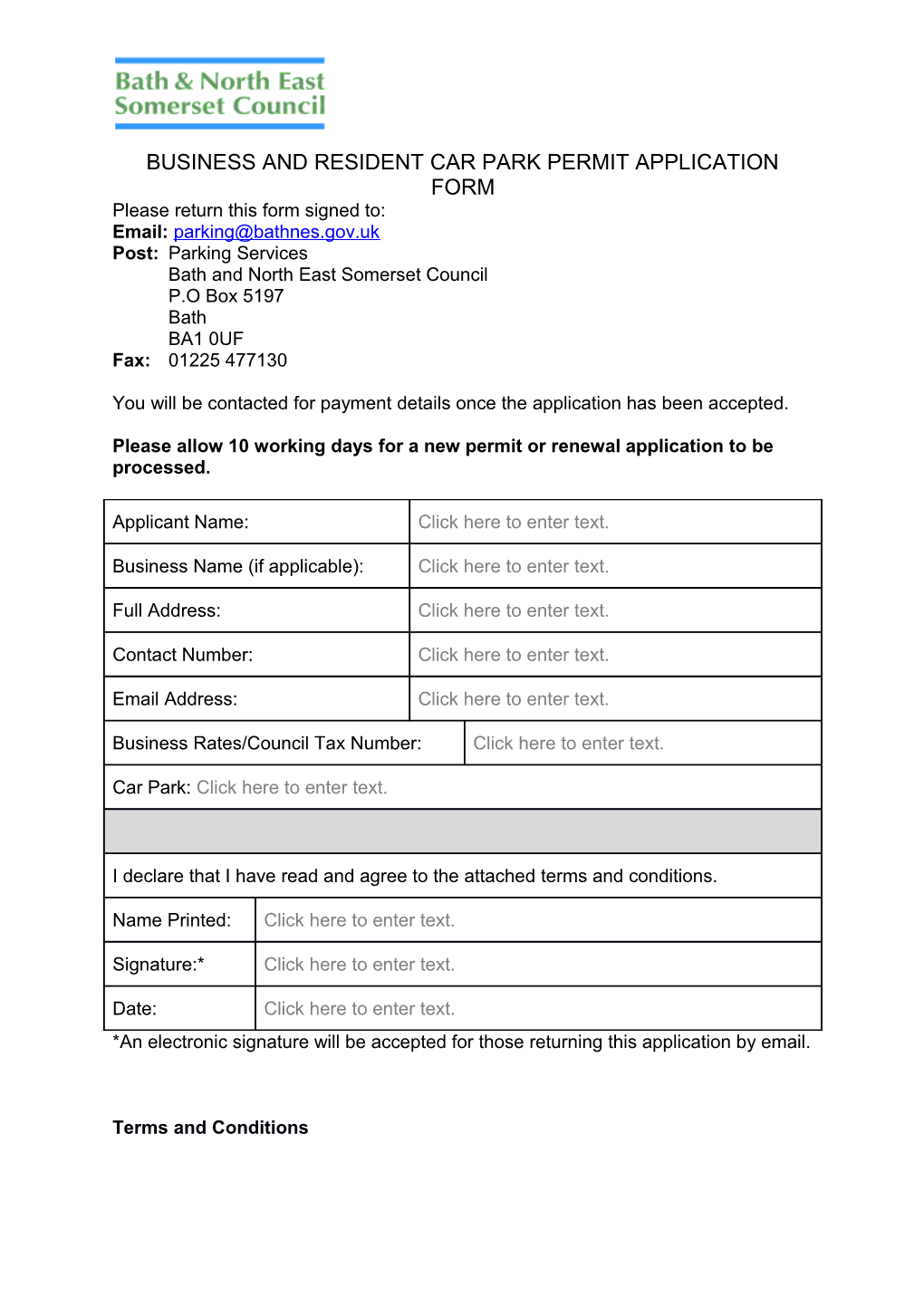 Business and Resident Car Park Permit Application Form