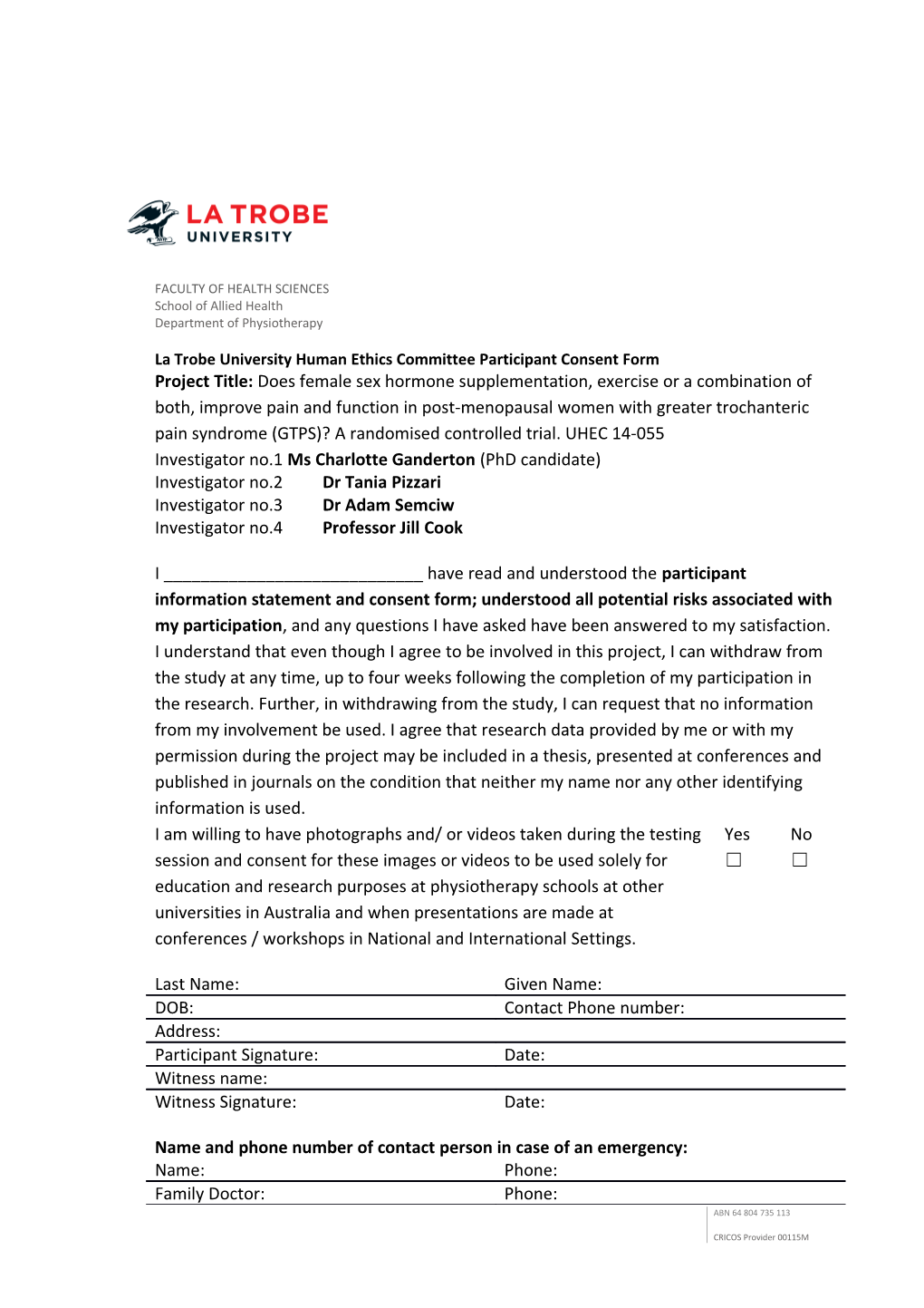 La Trobe University Human Ethics Committee Participant Consent Form