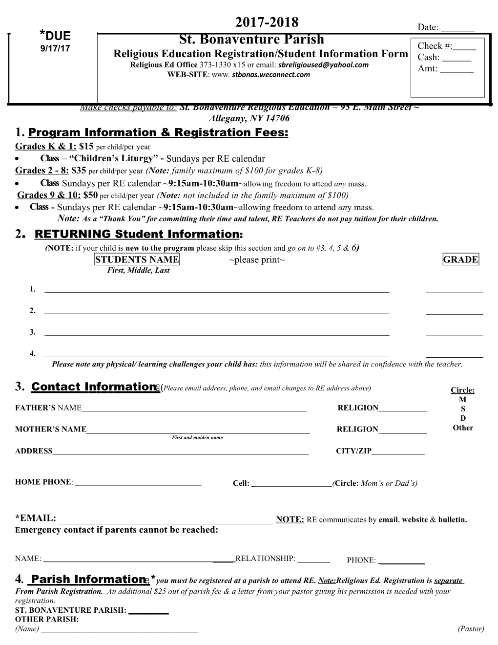 Religious Education Registration/Student Information Form