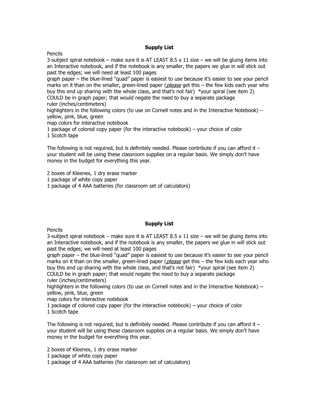 Supply List Geometry