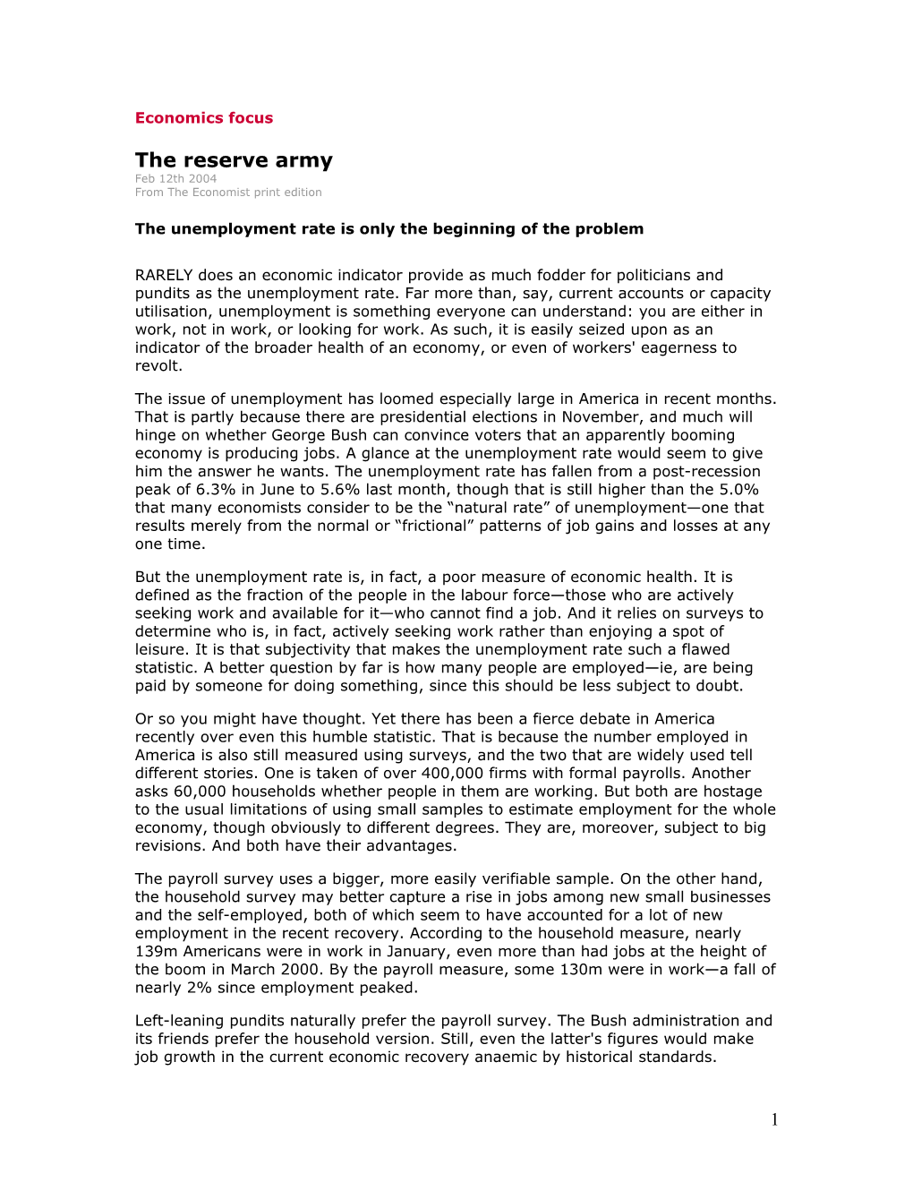 Economics Focus the Reserve Army