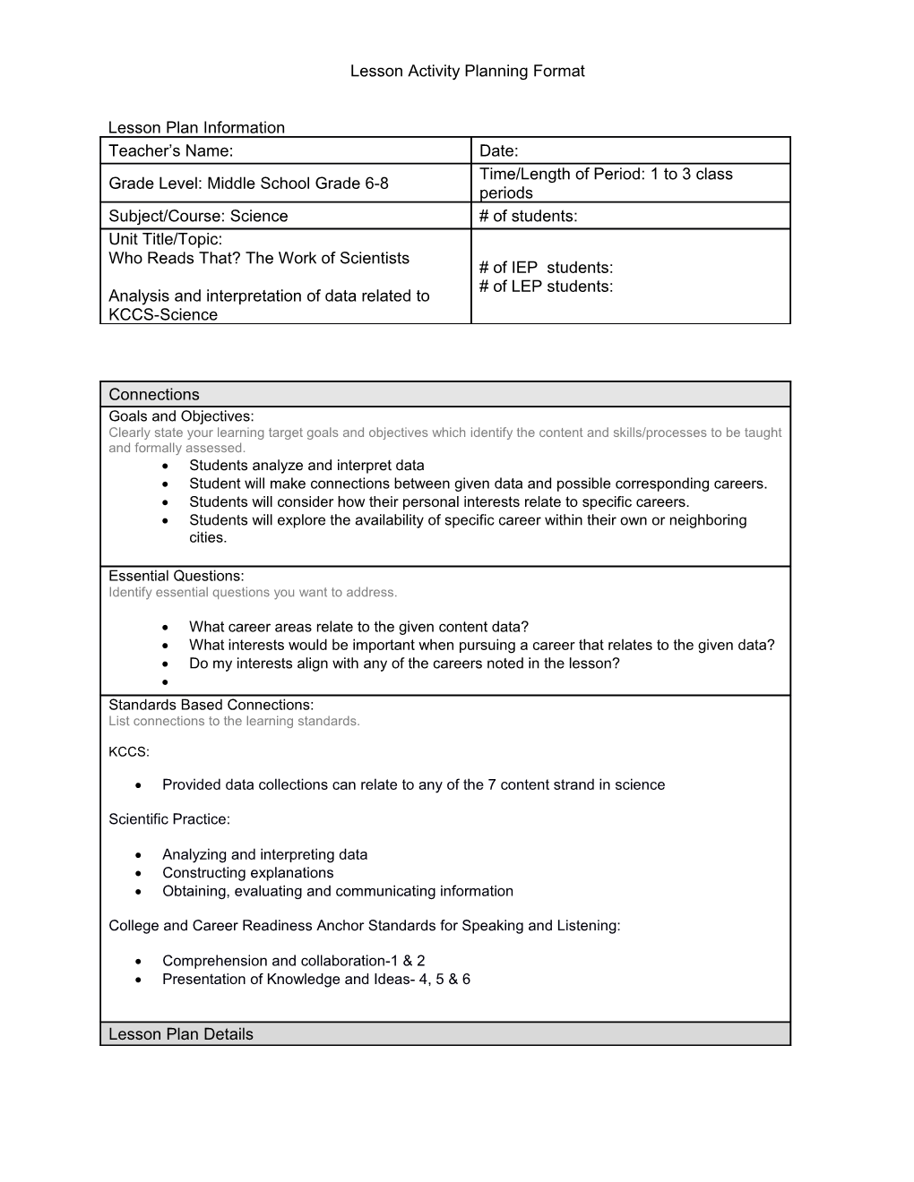 Lesson Activity Planning Format