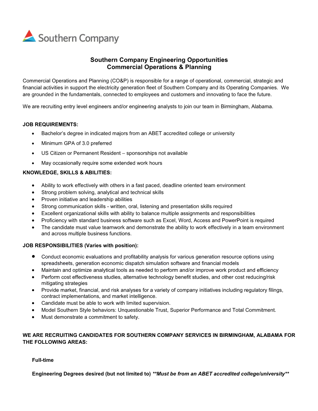 Southern Company Engineering Opportunities