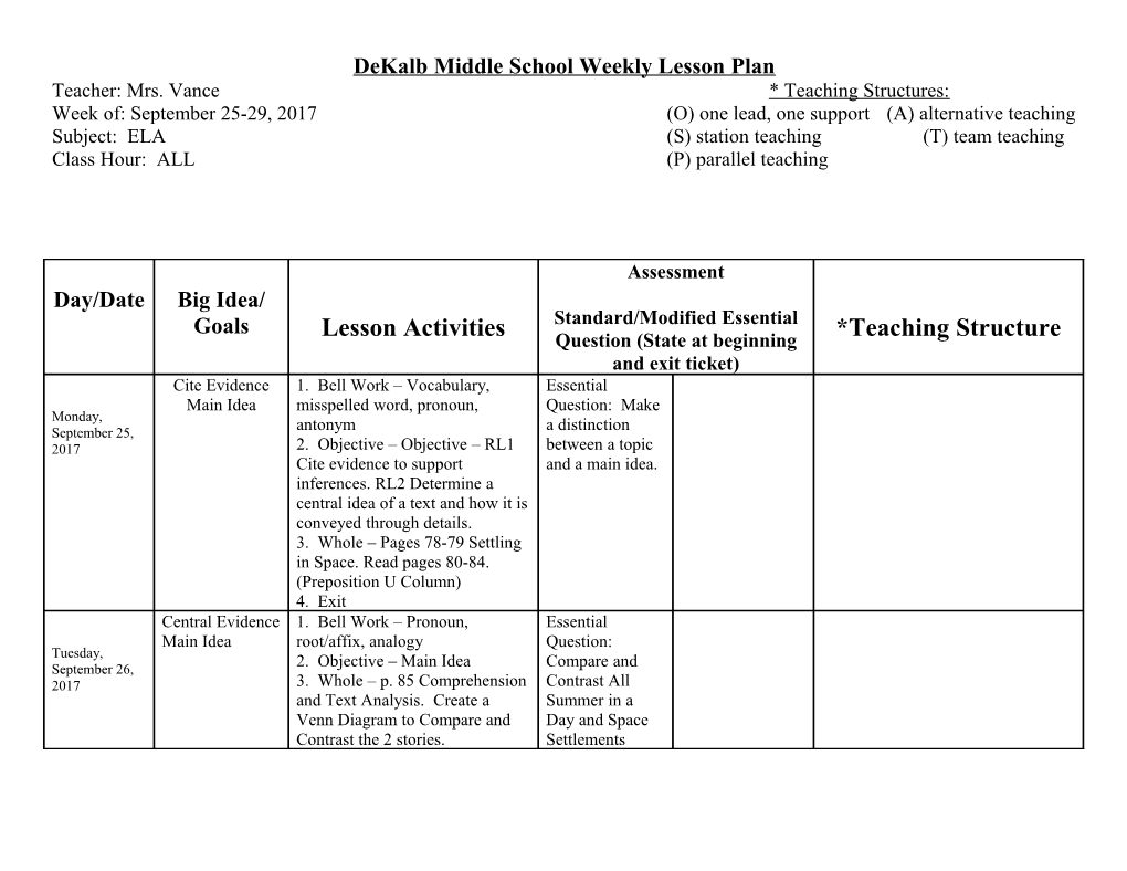 Dekalb Middle School Weekly Lesson Plan s7