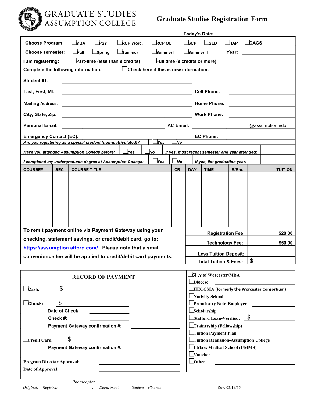 Assumption College Graduate School Registration Form