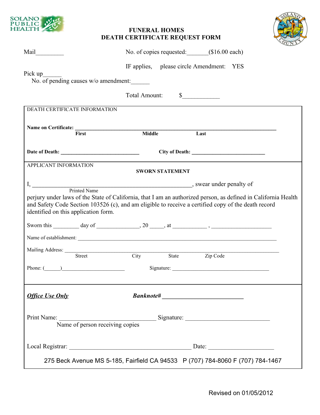 Death Certificate Request Form
