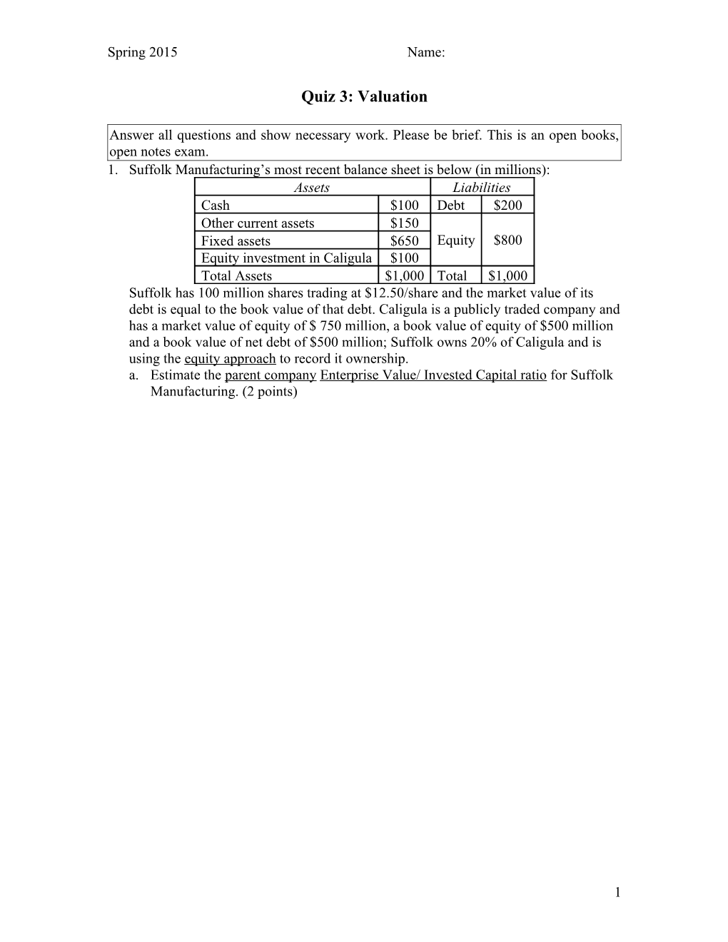 Quiz 1: Corporate Finance