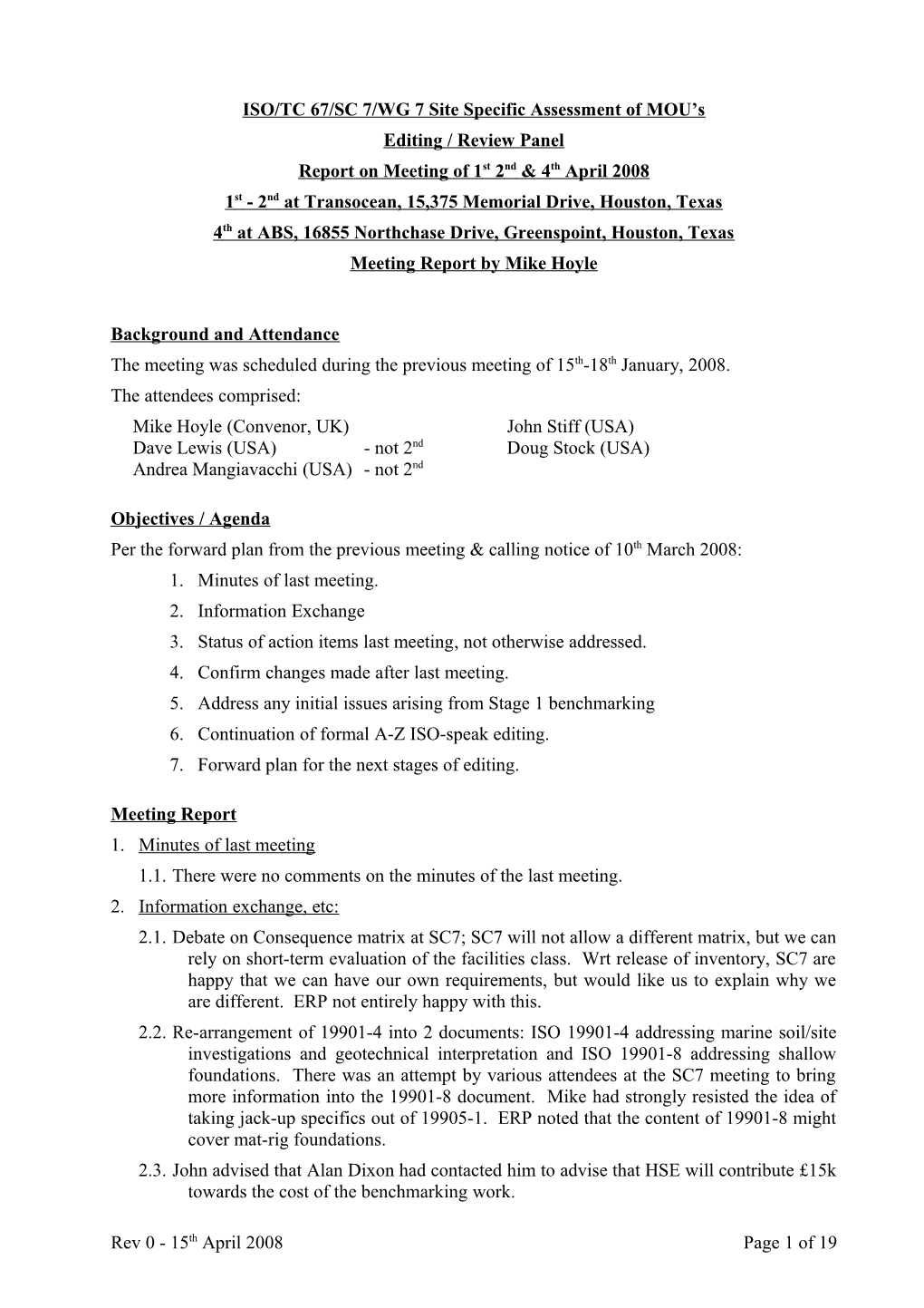 Report of WG7 Review Panel Meeting of 9Th November 2005