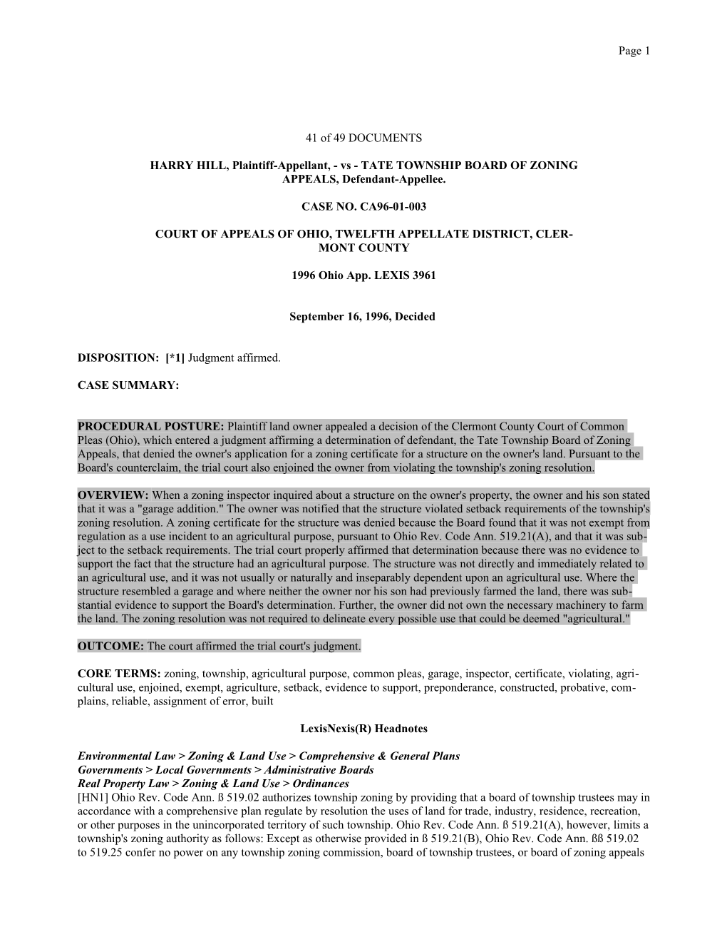 HARRY HILL, Plaintiff-Appellant, - Vs - TATE TOWNSHIP BOARD of ZONING APPEALS