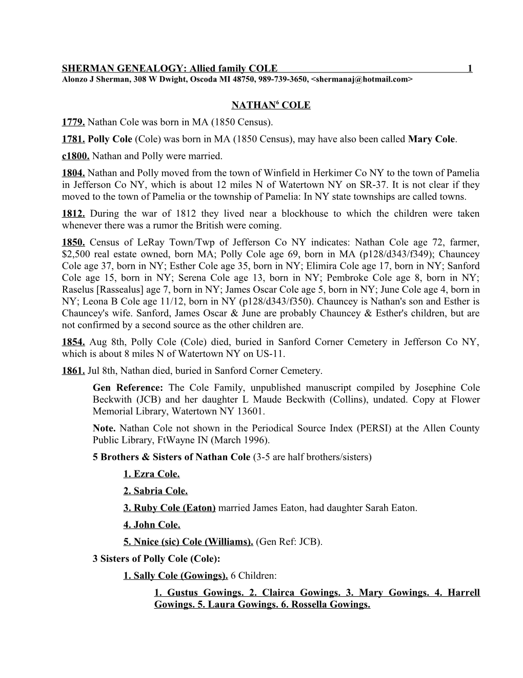 SHERMAN GENEALOGY: Allied Family COLE 3