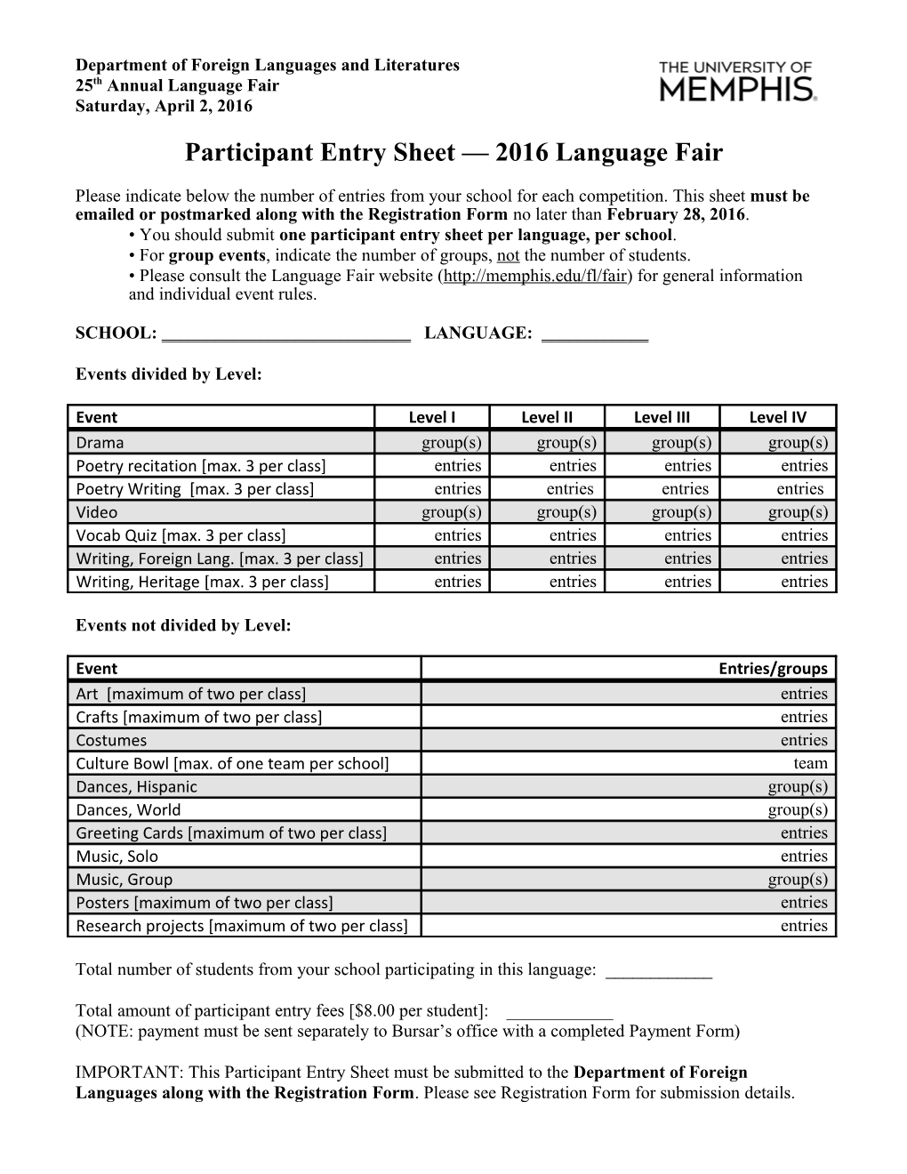 Participant Entry Sheet