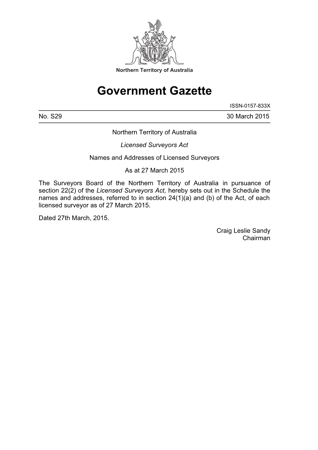 Northern Territory Government Gazette No. S29, 30 March 2015