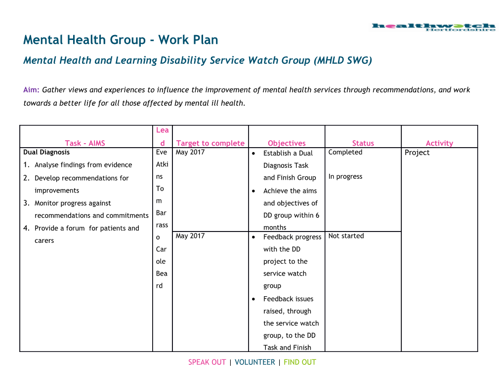 Mental Health Group - Work Plan