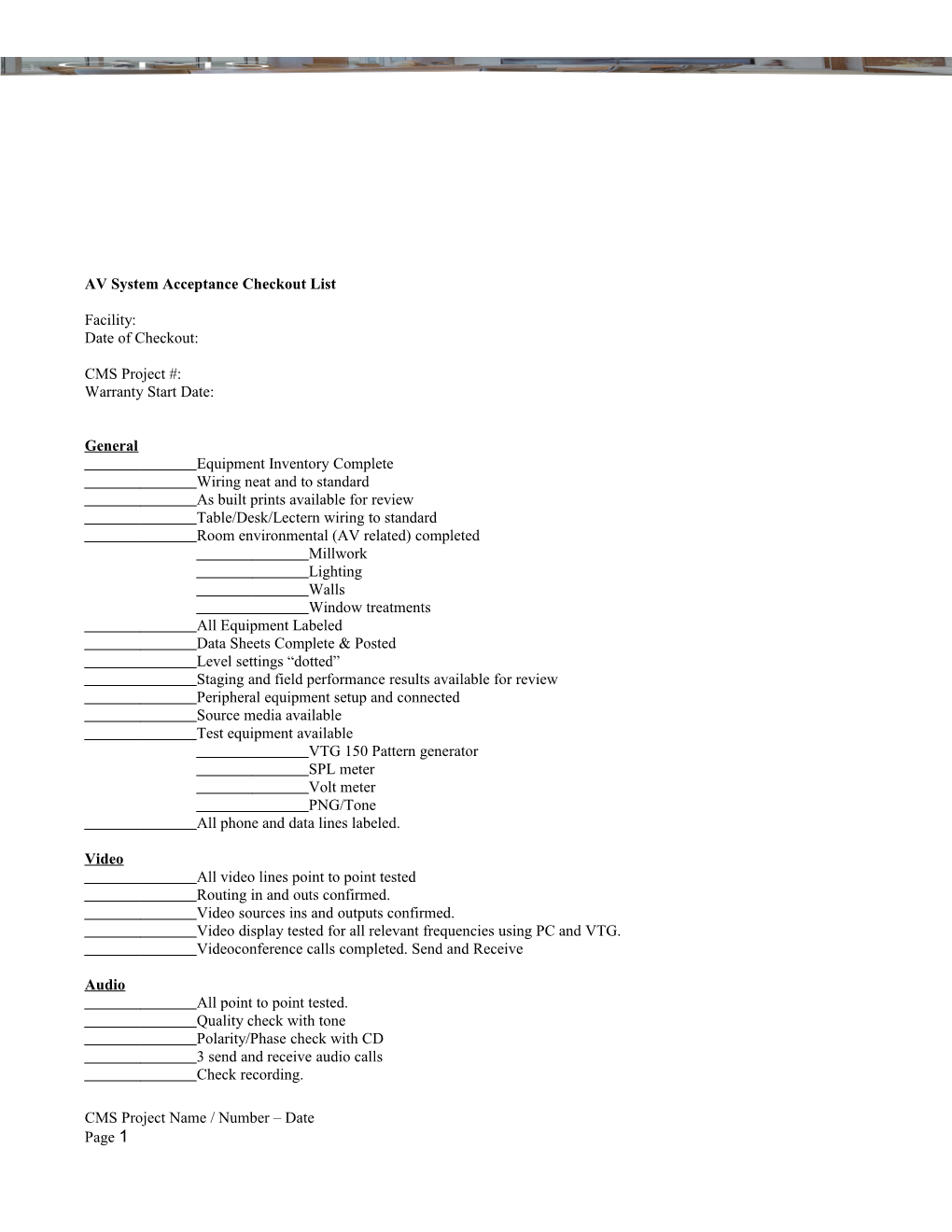 AV System Acceptance Checkout List