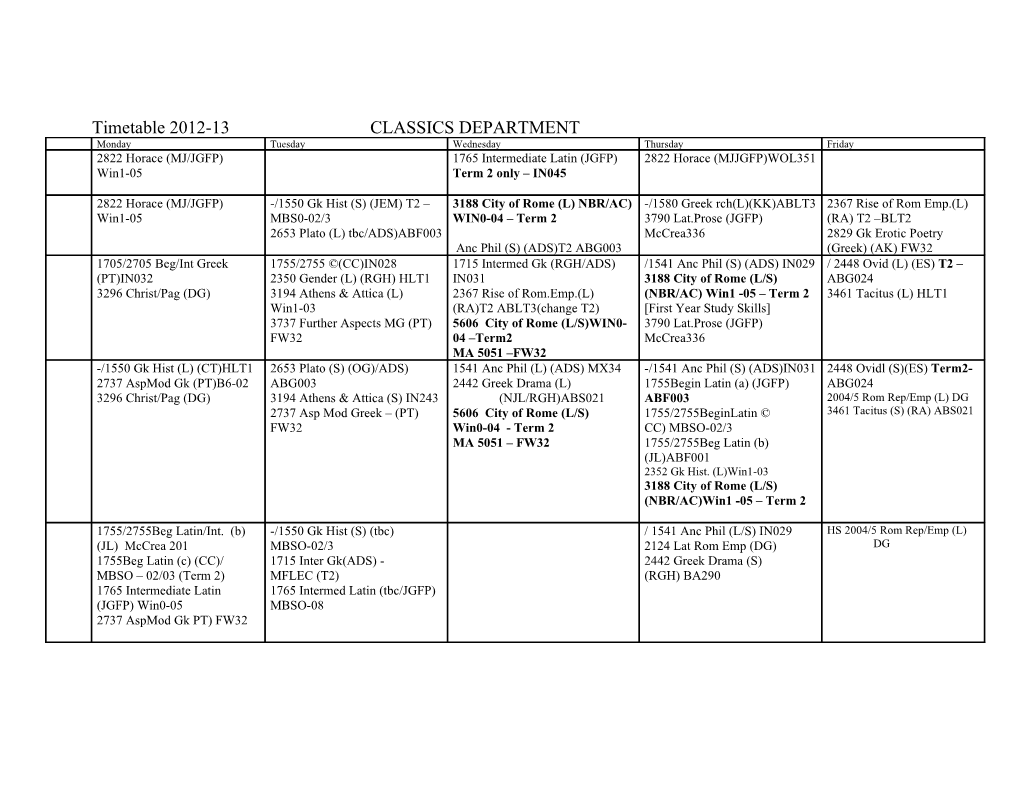 Timetable 2012-13 CLASSICS DEPARTMENT s1