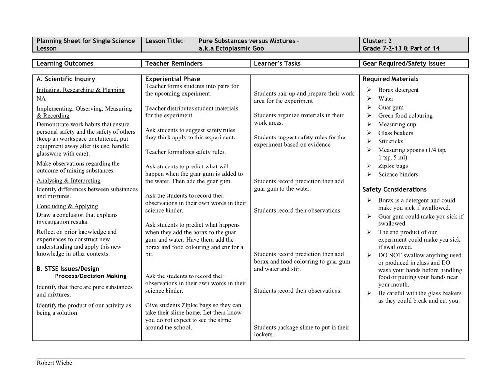 Planning Sheet For Single Science Lesson