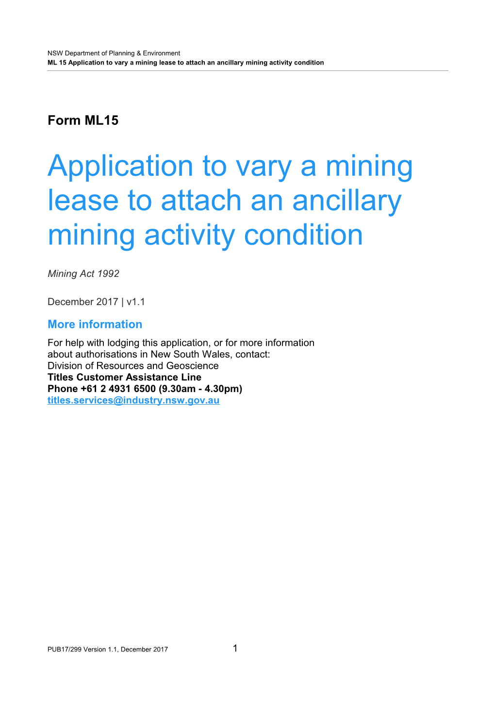 ML 15 Application to Vary a Mining Lease to Attach an Ancillary Mining Activity Condition