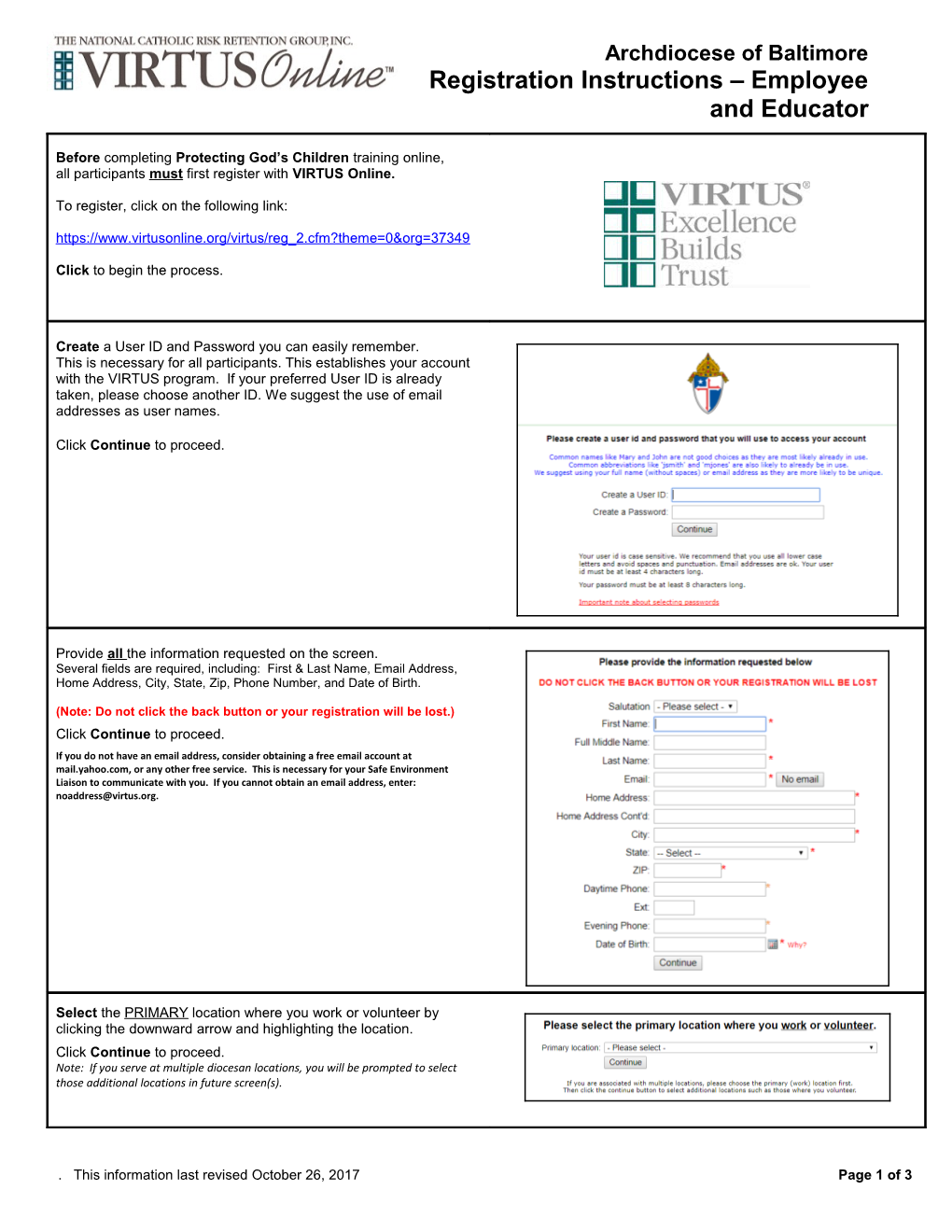 Archdiocese of Baltimore Registration Instructions Employee and Educator