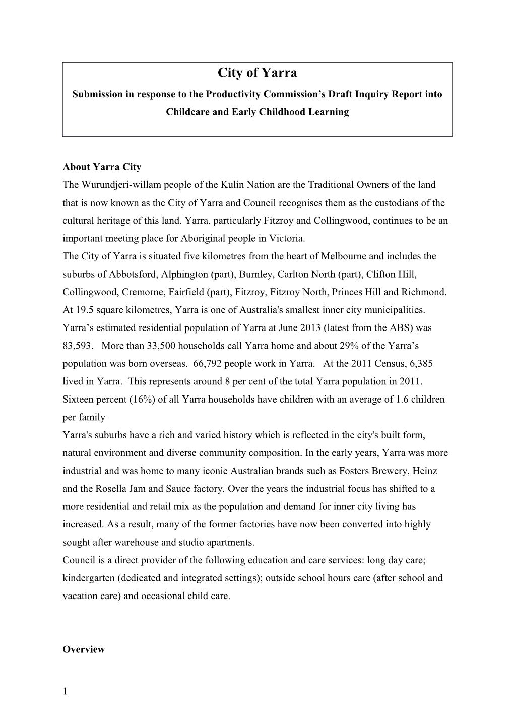 Submission DR764 - City of Yarra - Childcare and Early Childhood Learning - Public Inquiry