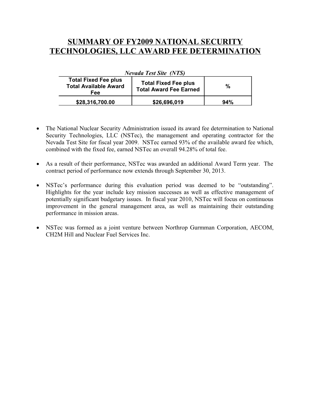 SUMMARY of FY2009 Honeywell FM&T AWARD FEE DETERMINATION