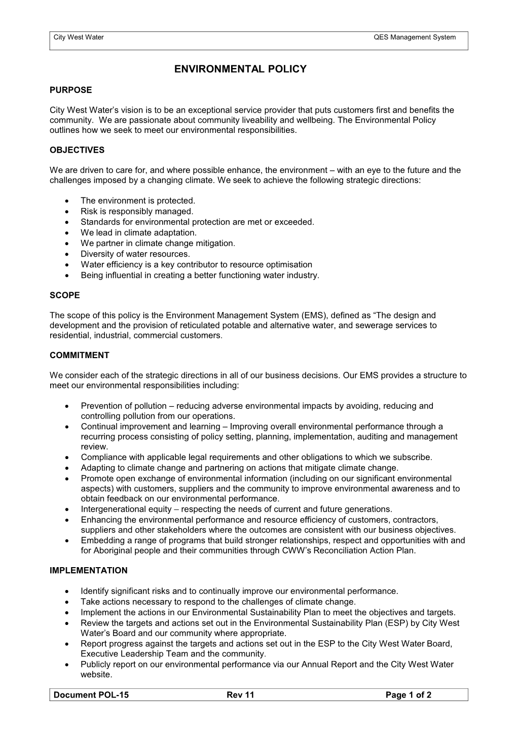 City West Water QES Management System