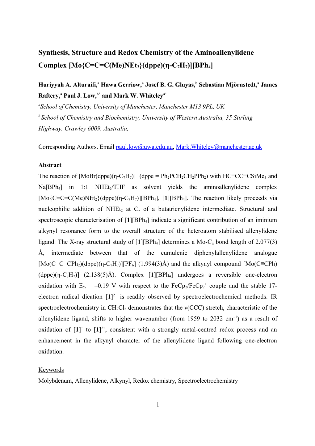 Synthesis, Structure and Redox Chemistry of the Aminoallenylidene Complex Mo C=C=C(Me)Net2