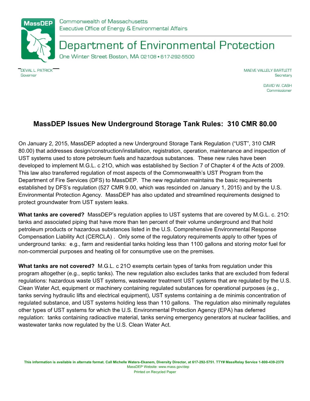 Massdep Issues New Underground Storage Tank Rules: 310 CMR 80.00